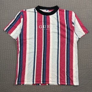 Y2K Guess T Shirt Men's Medium Red Blue Striped Streetwear Preppy Embroidered